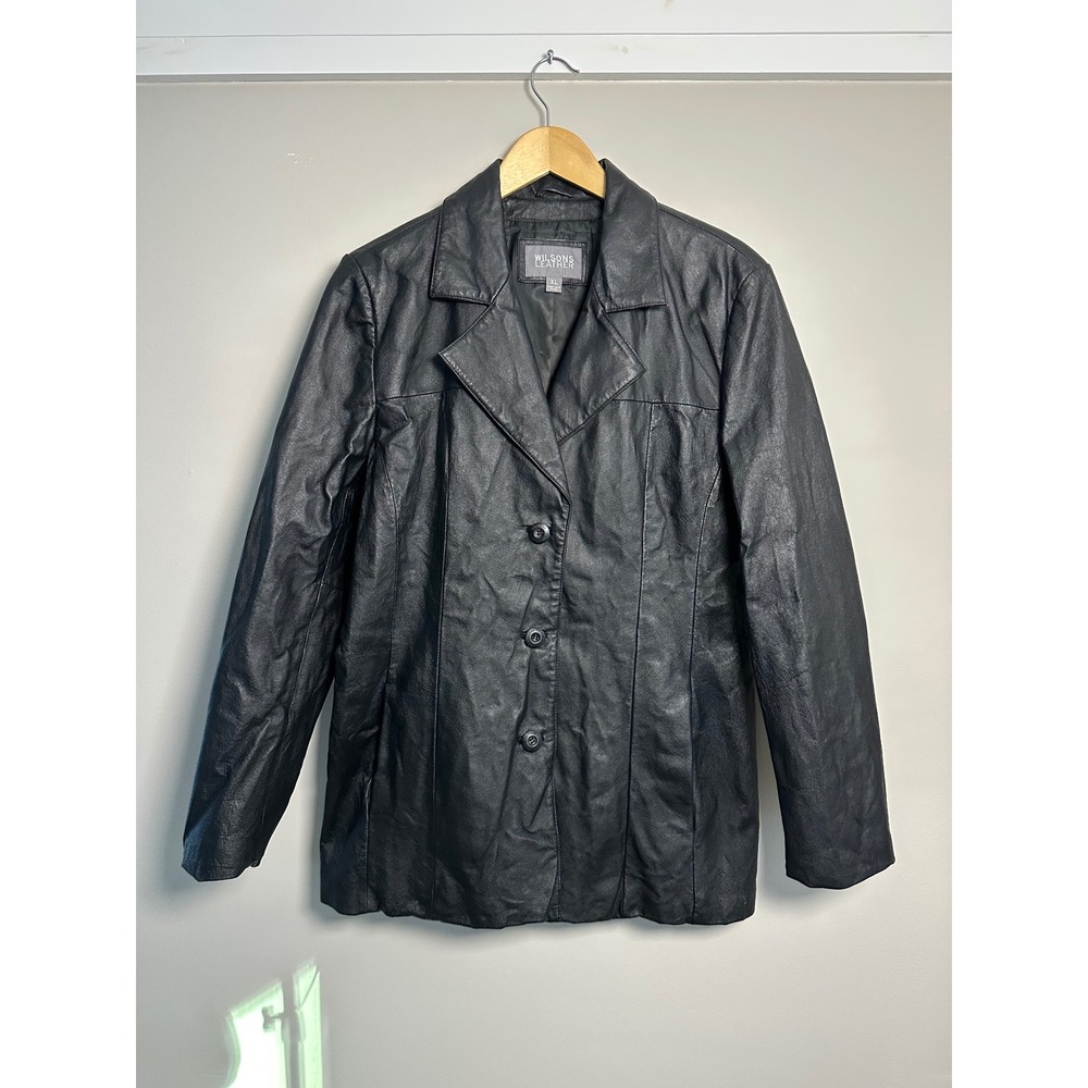 Wilsons Leather Blazer Jacket Women XL Black EUC Genuine Leather 90s Matrix Edgy